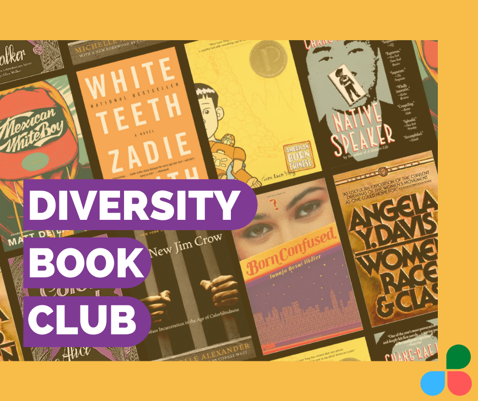 Image with several book covers lined up side by side with text that says Diversity Book Club