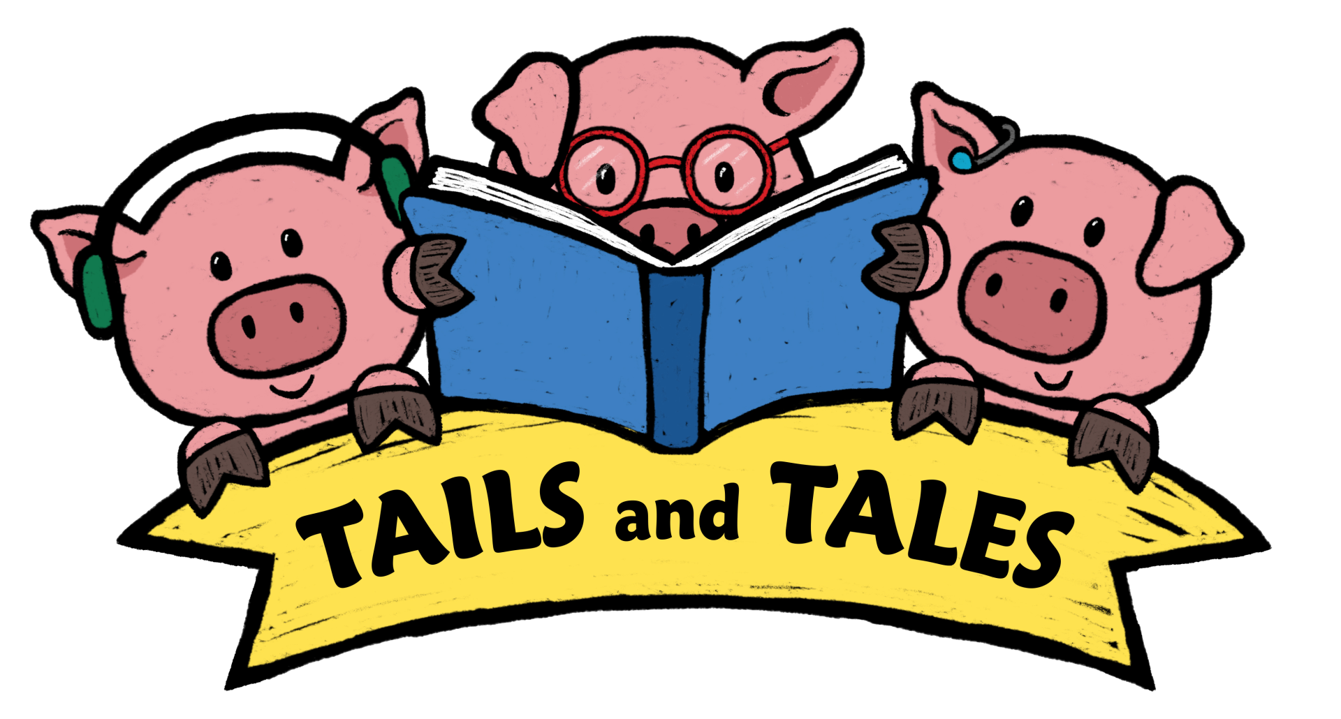 Image with 3 pigs reading a book. The text says Tails and Tales