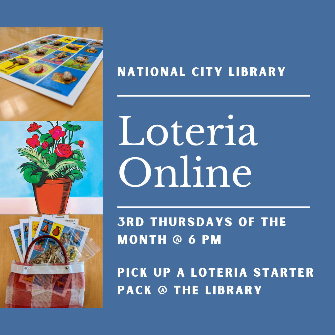 Image with text that says Loteria Online. 3rd Thursdays of the month @ 6 pm