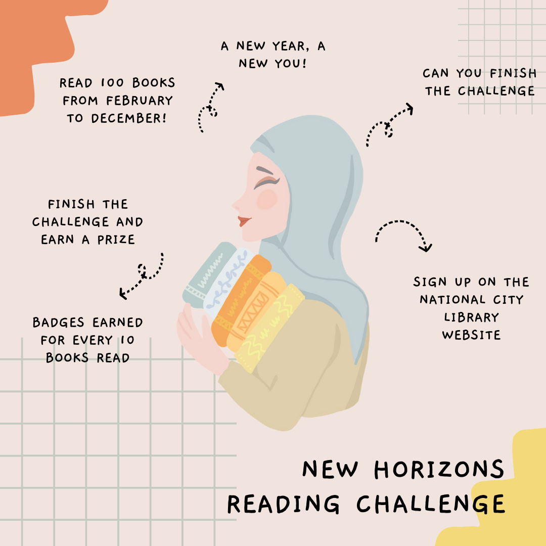 Image with a woman holding books and smiling. There is text on the image challenging you to finish the New Horizons reading challenge.