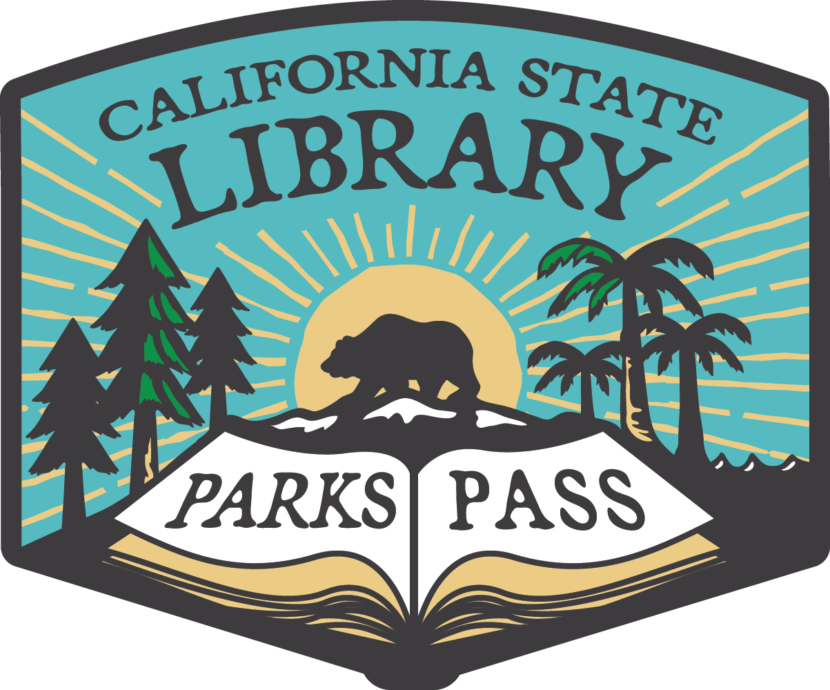 Image logo of a bear, the sun, palm trees and pine trees with text that says California State Library Parks Pass