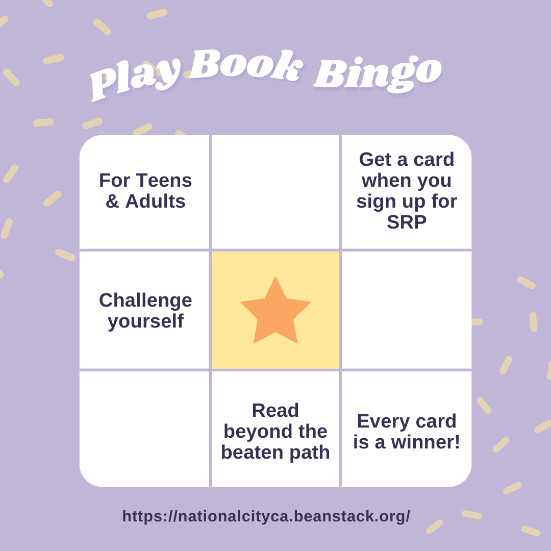 Image of a bingo card with text that says play book bingo.