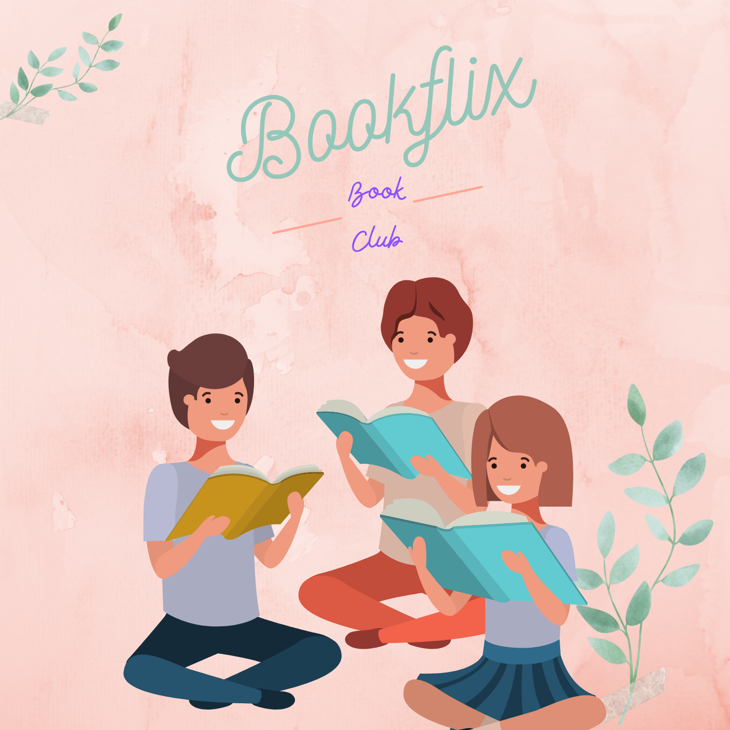 Image with teens reading and text that says Bookflix Book Club