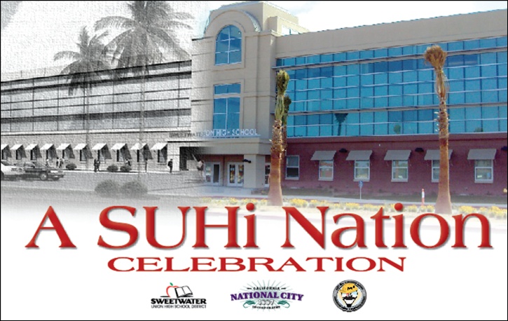 SUHi celebration invite front - picture of school, SUHi Nation Celebration, NC City Logo, Sweetwater HS district logo, and Prop O logo