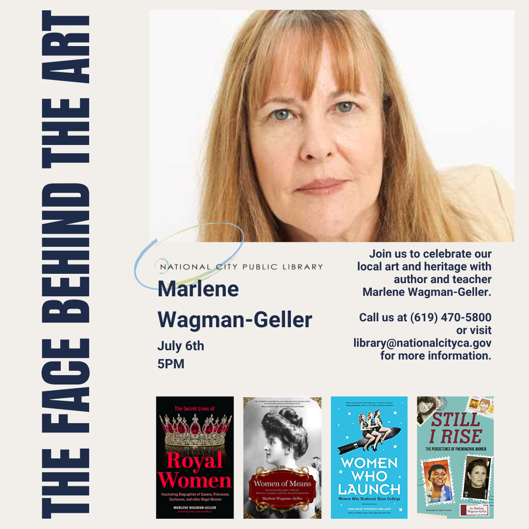 Image of author Marlene Wagman-Geller with text that says she'll be at the library on July 6th at 5 pm