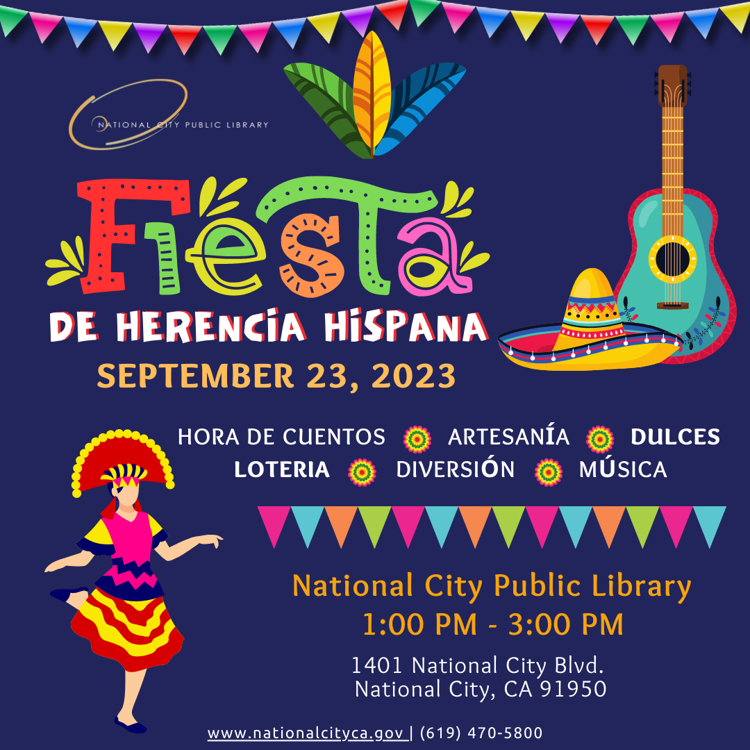 Image of a flyer for Hispanic Heritgae Fiesta on Sept. 23, 2023 in Spanish