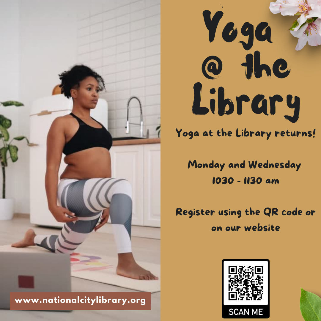 Flyer For Yoga @ The Library with an image of a woman in a yoga pose and a qr code for registration