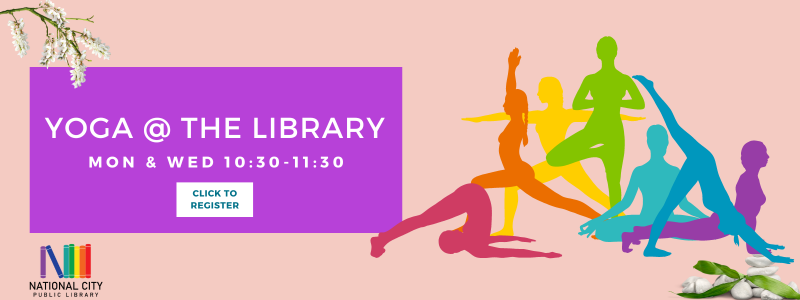 Image of yoga poses with the words Yoga at the library. Click here to register