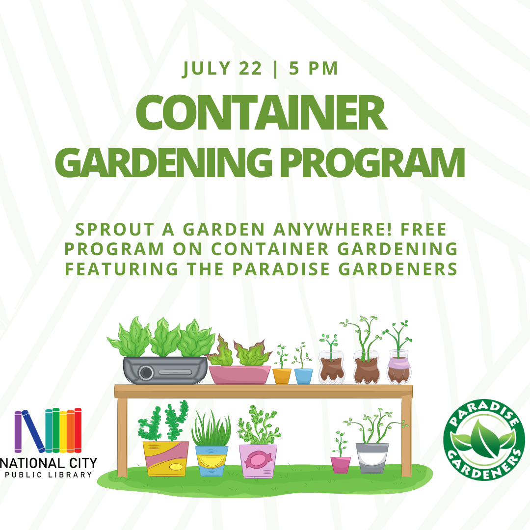 Flyer for a Container Gardening Program with images of a rack filled with potted plants