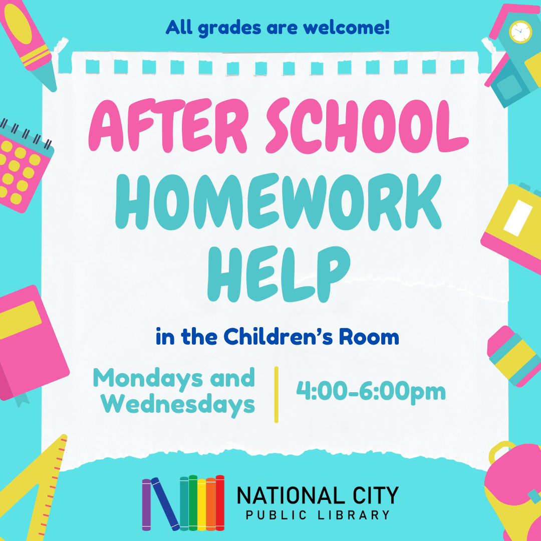 After school homework help in the Children's Room, Mondays and Wednesdays 4-6pm, All grades welcome. NCPL