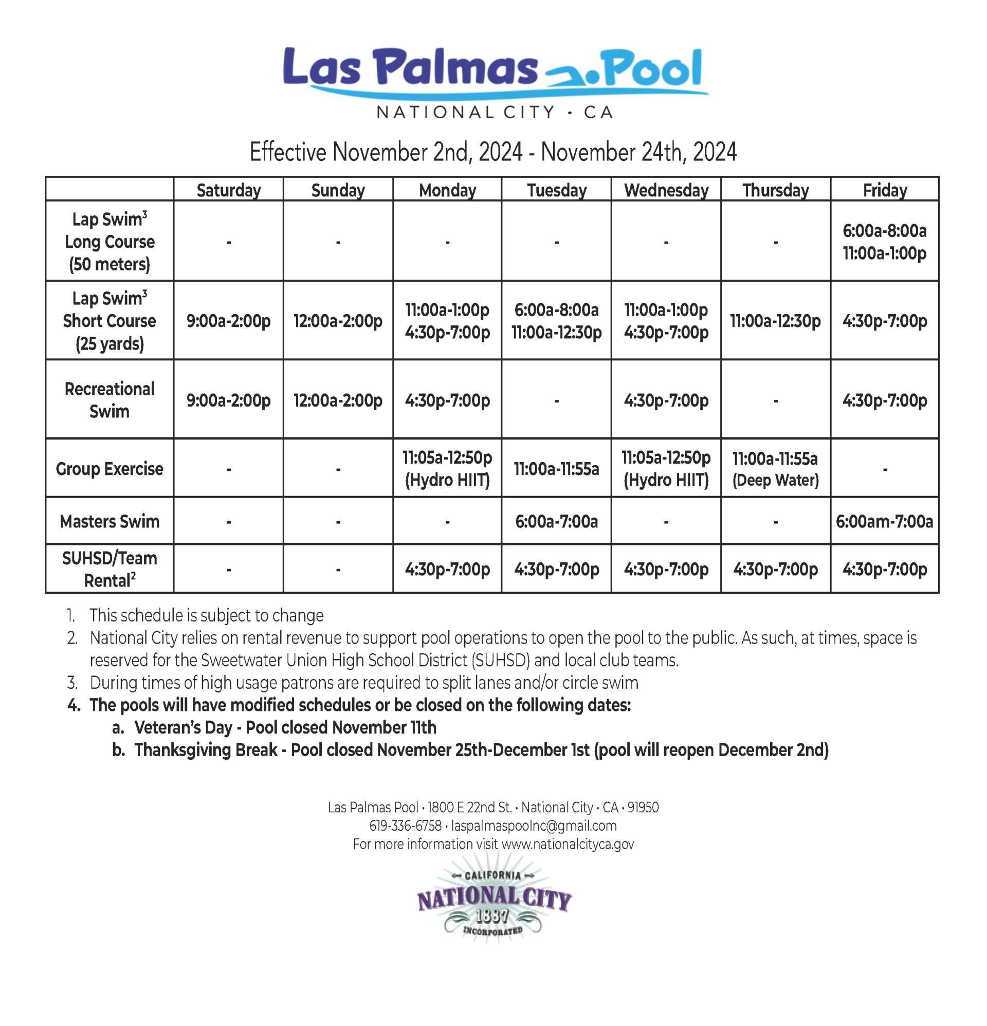 Pool Schedule Nov 2nd - Nov 24th 2024