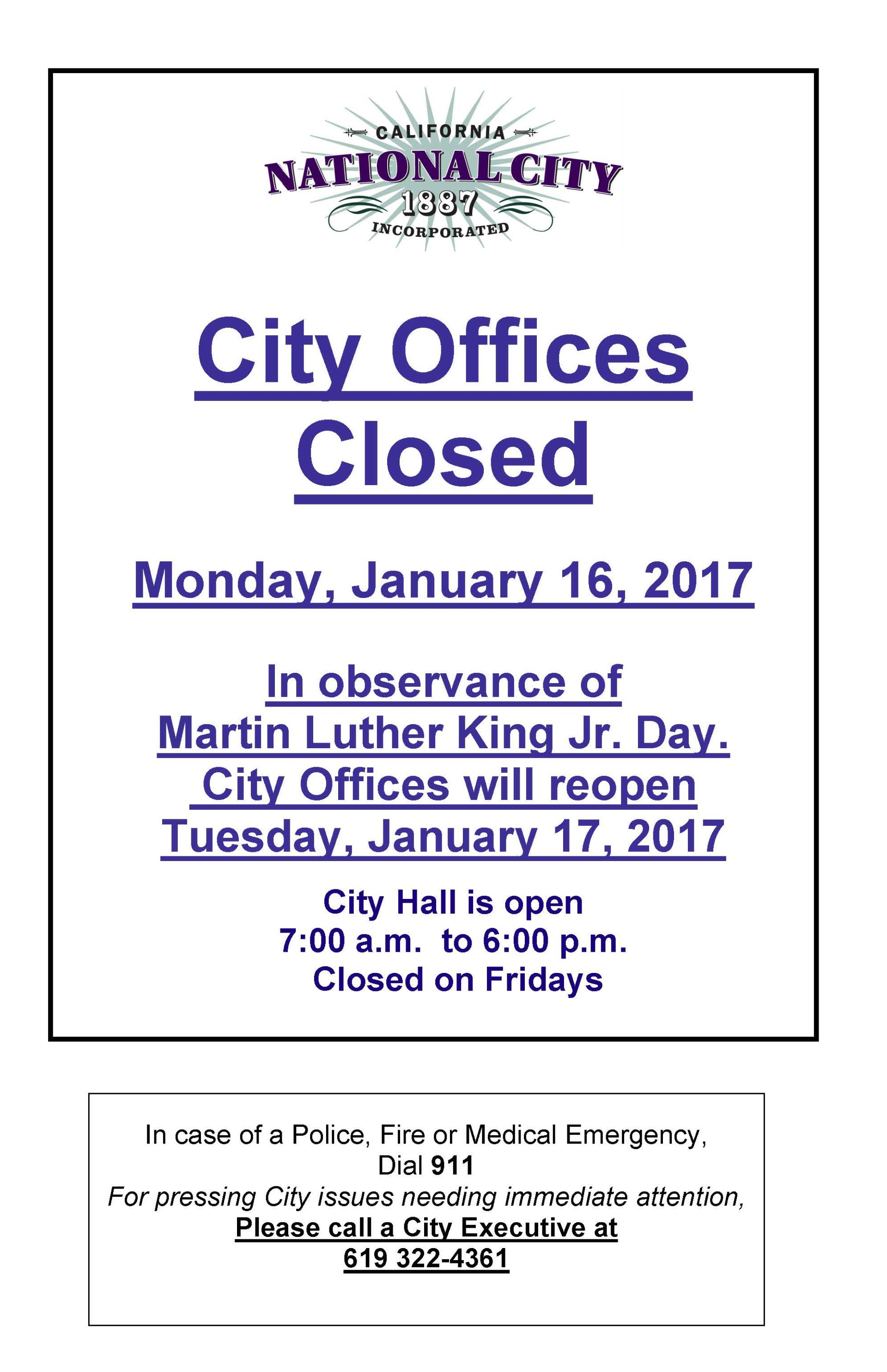 City Hall will be closed 01.17