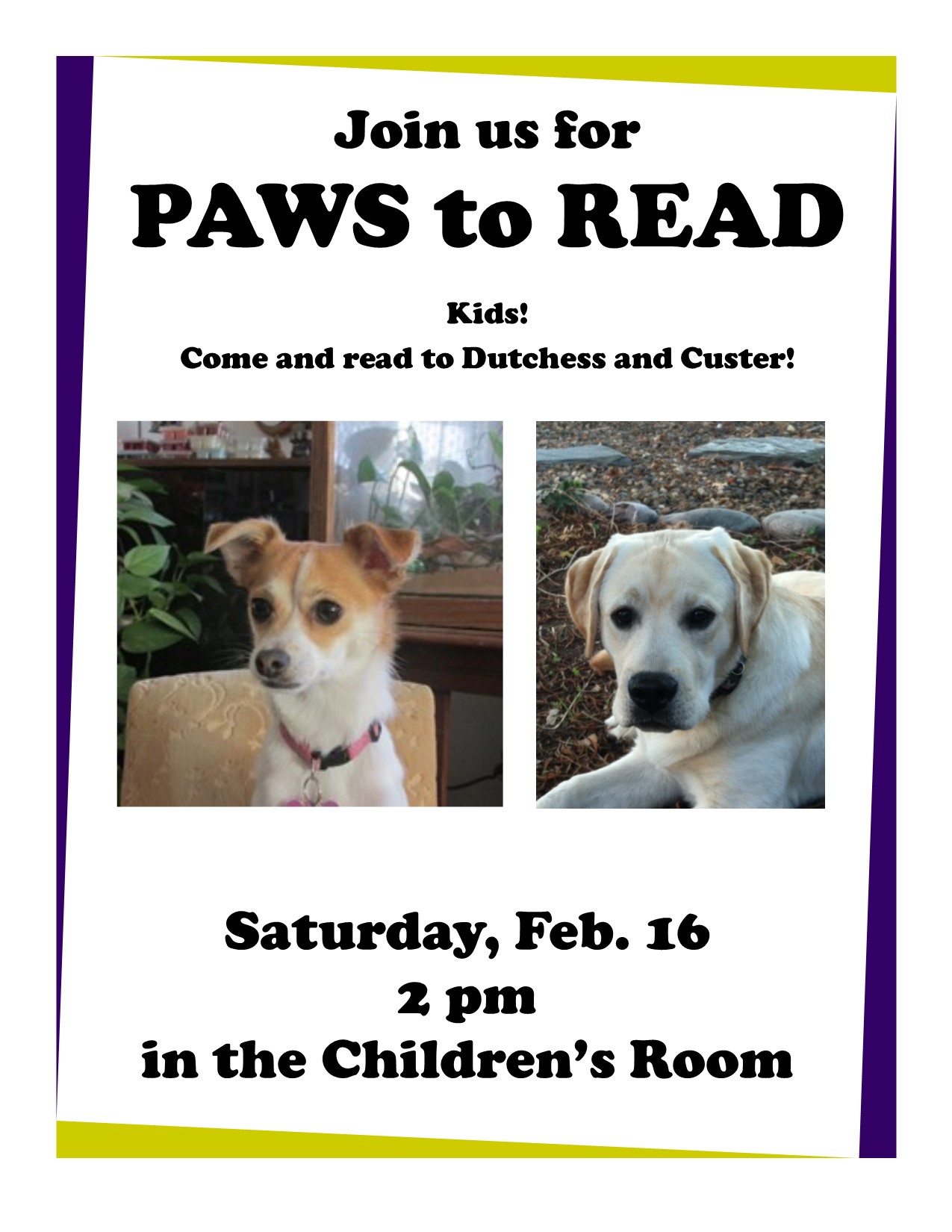 Paws to Read flyer (Dutchess and Custer)